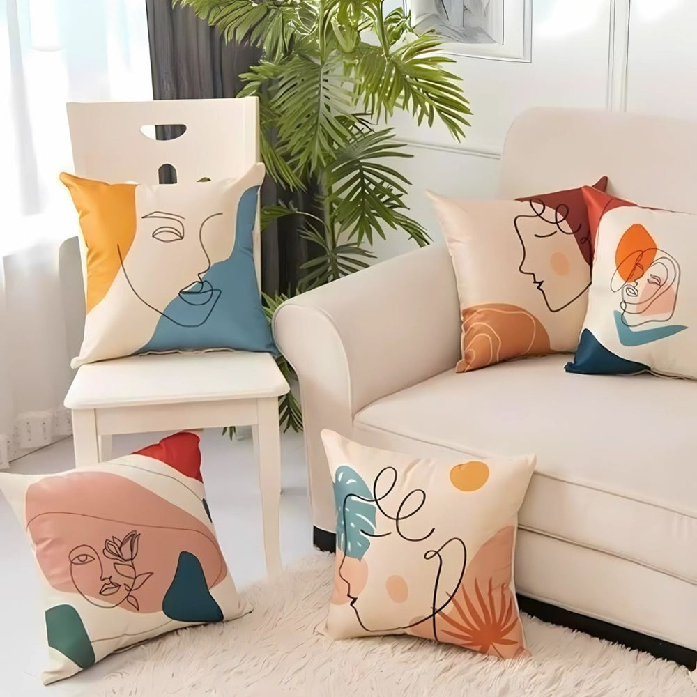 Set Of 5 Natural Color Digital Printed Abstract Face Canvas Cushion Cover