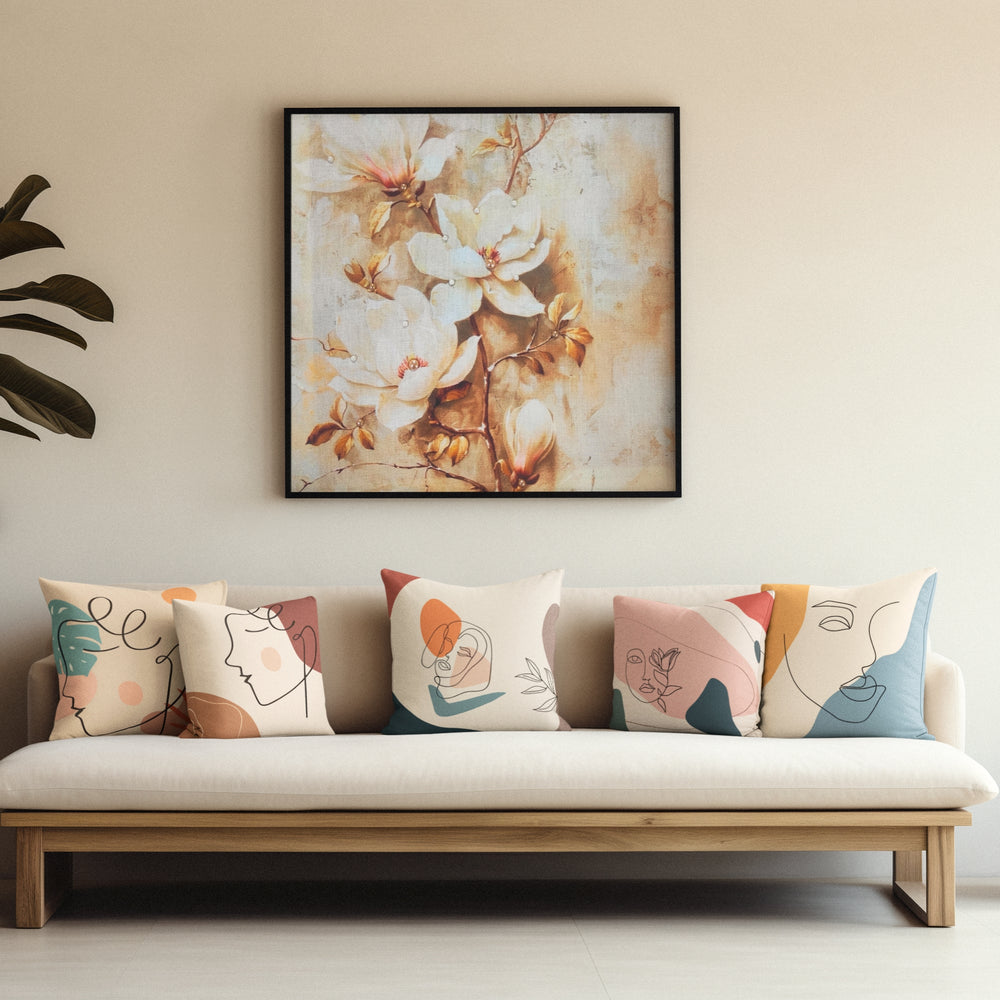 Set Of 5 Natural Color Digital Printed Abstract Face Canvas Cushion Cover