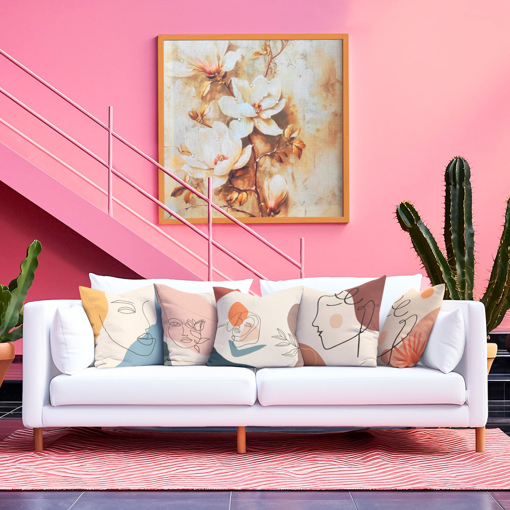 Set Of 5 Natural Color Digital Printed Abstract Face Canvas Cushion Cover