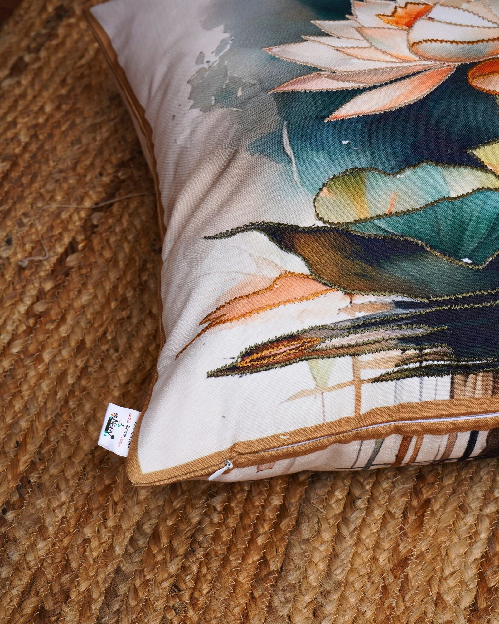Set Of 3 Digital Printed & Embroidered Lotus Canvas Cushion Cover