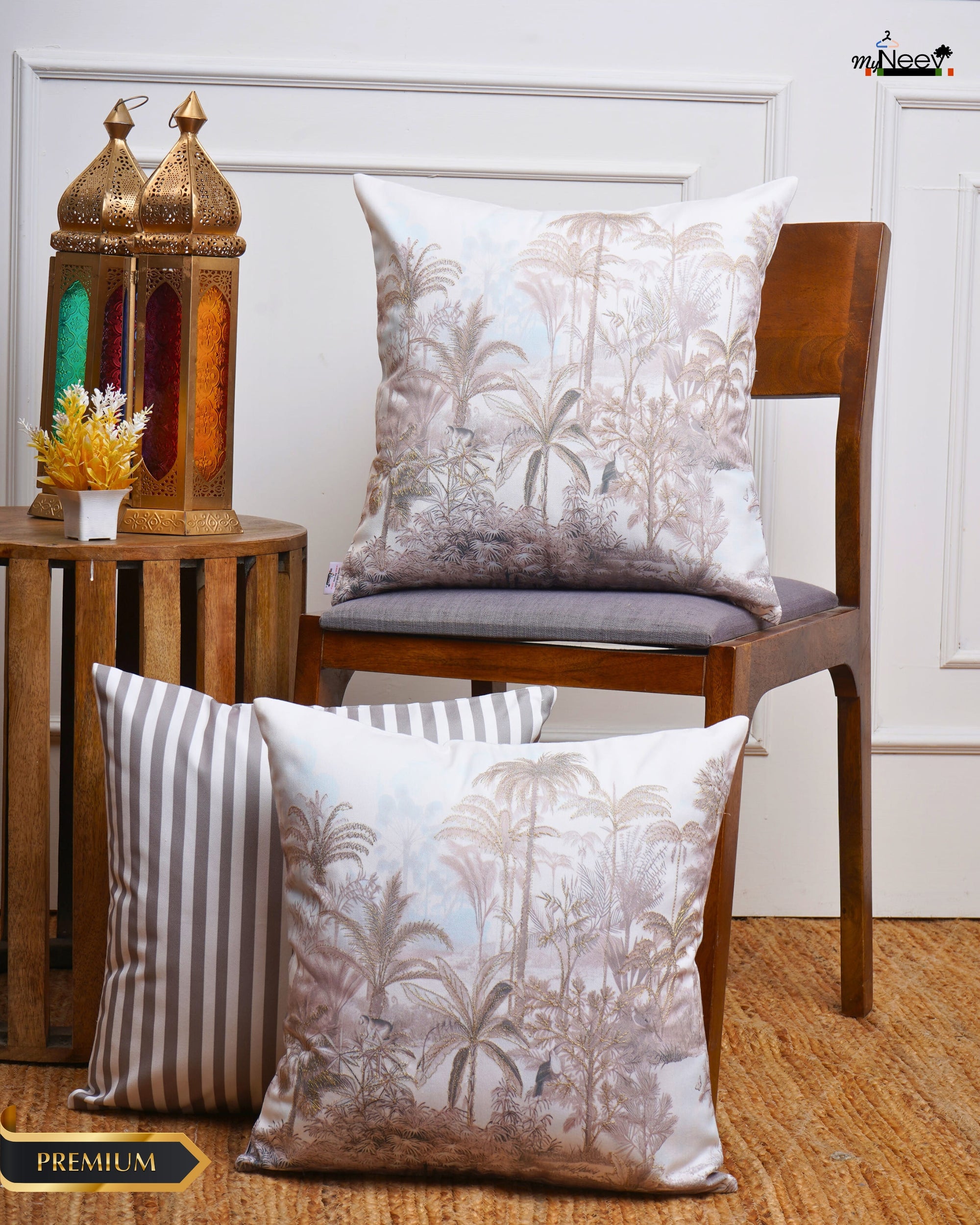 Set Of 3 Digital Printed & Embroidered Palm Tree Cushion Cover