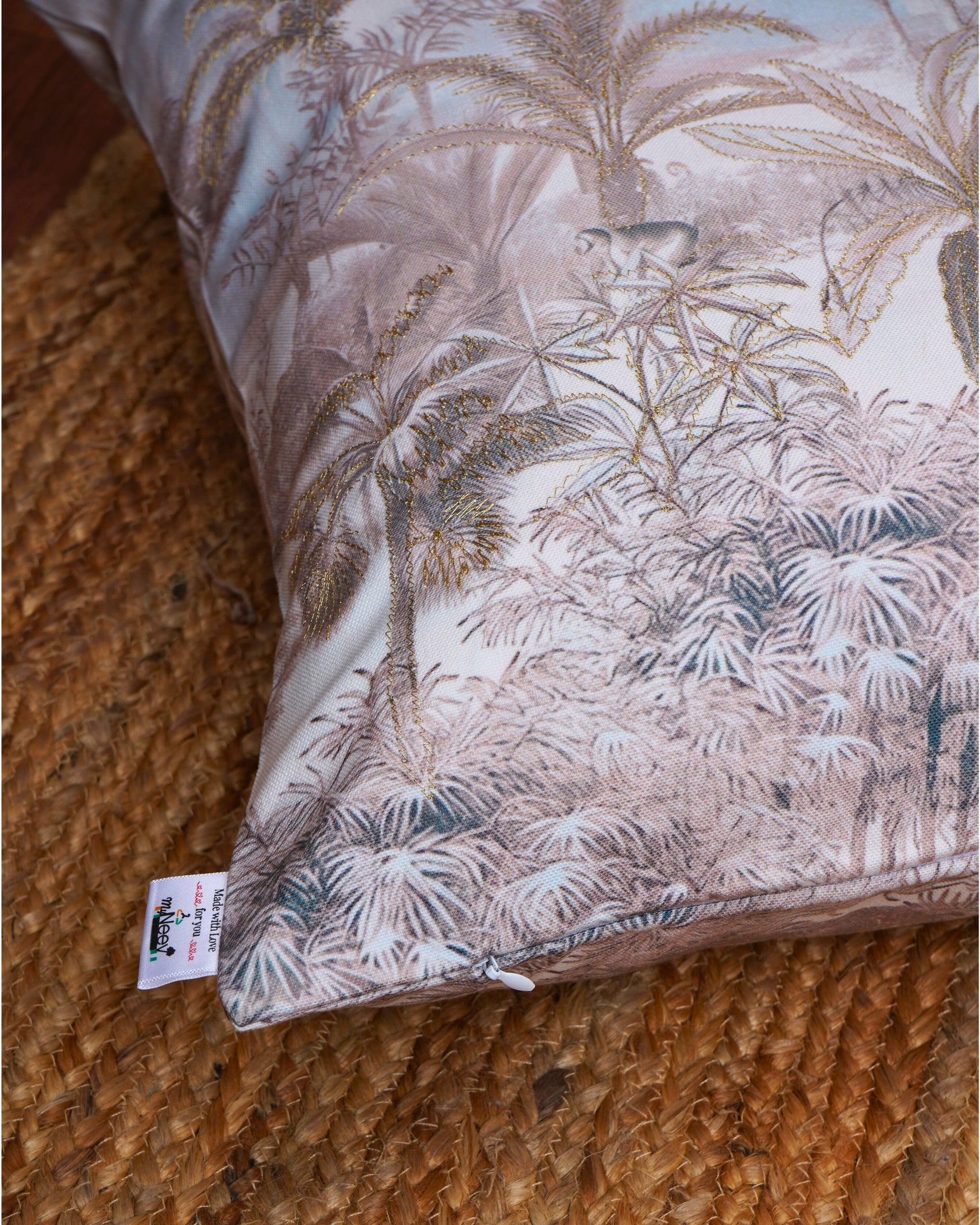 Set Of 3 Digital Printed & Embroidered Palm Tree Cushion Cover