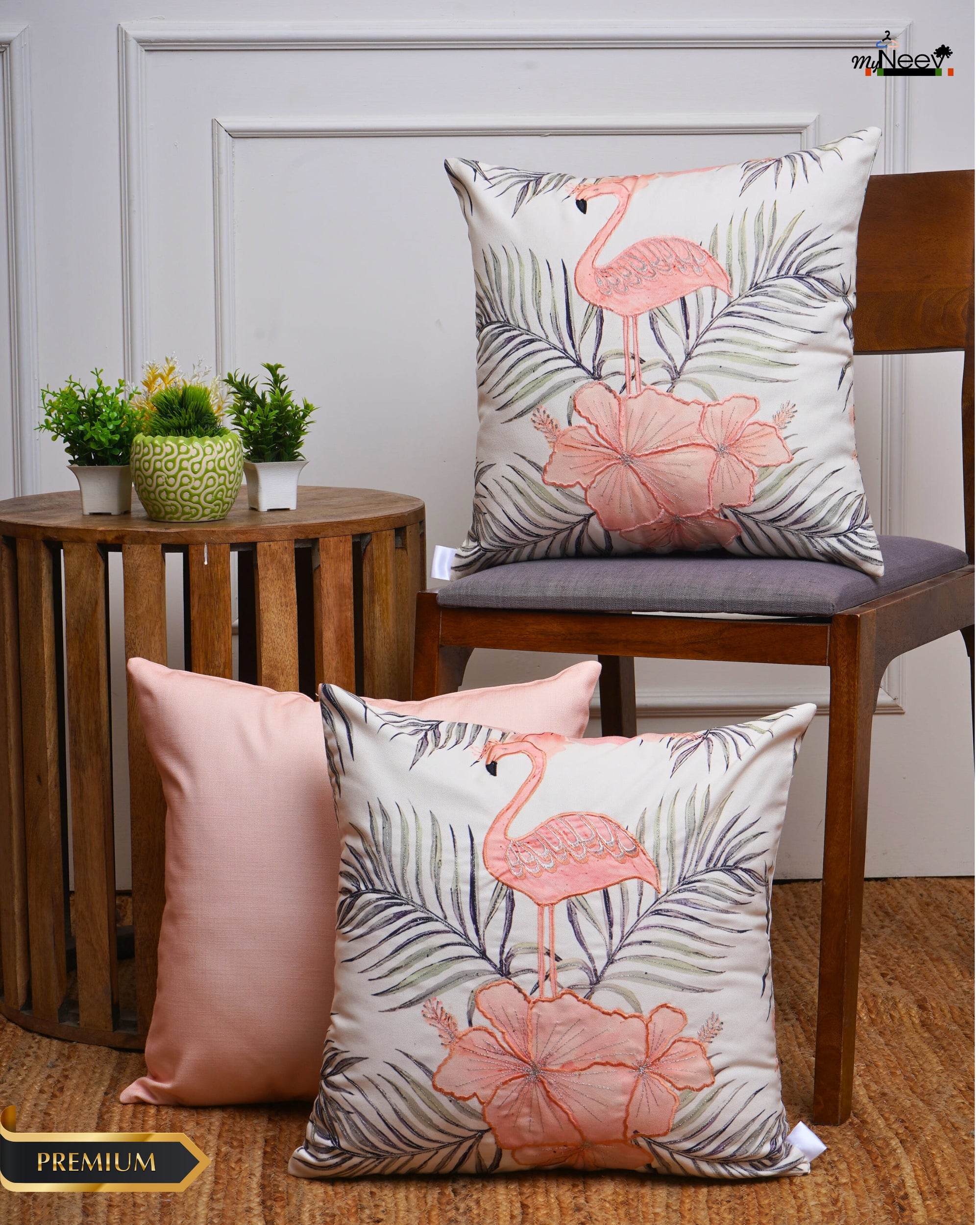 Set Of 3 Digital Printed & Embroidered Flocking Cranes Cushion Cover