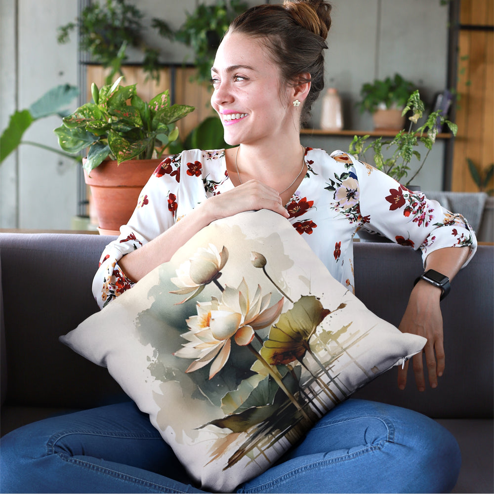 Set Of 3 Digital Printed Lotus Canvas Cushion Cover