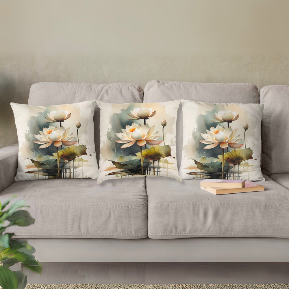 Set Of 3 Digital Printed Lotus Canvas Cushion Cover