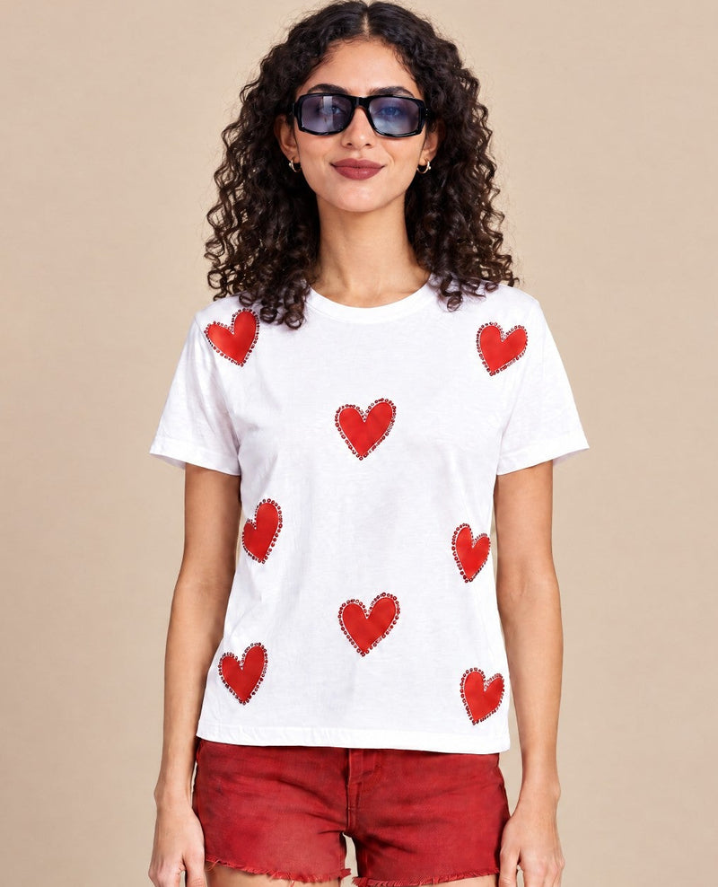Women Heart Swarovski Crystal Embellishments Cotton T-shirt