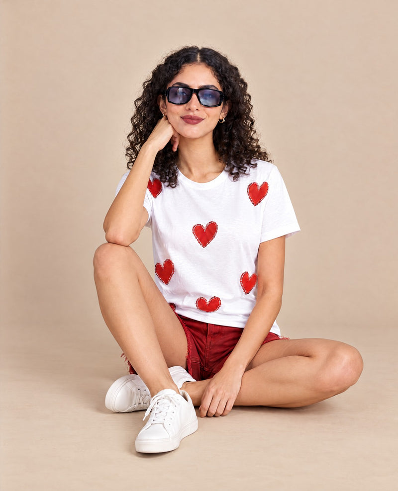 Women Heart Swarovski Crystal Embellishments Cotton T-shirt