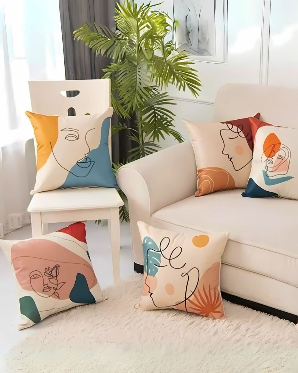 Set Of 5 Natural Color Digital Printed Abstract Face Canvas Cushion Cover