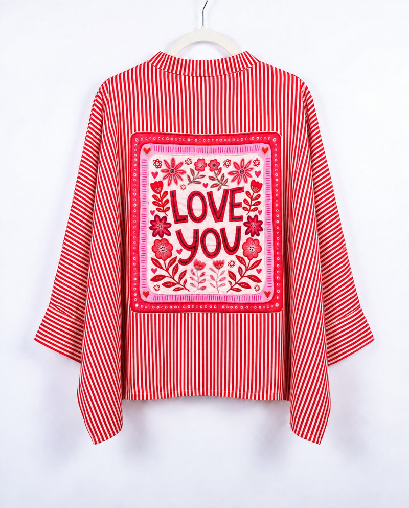 Women Love You Patchwork Oversized Cotton Shirt