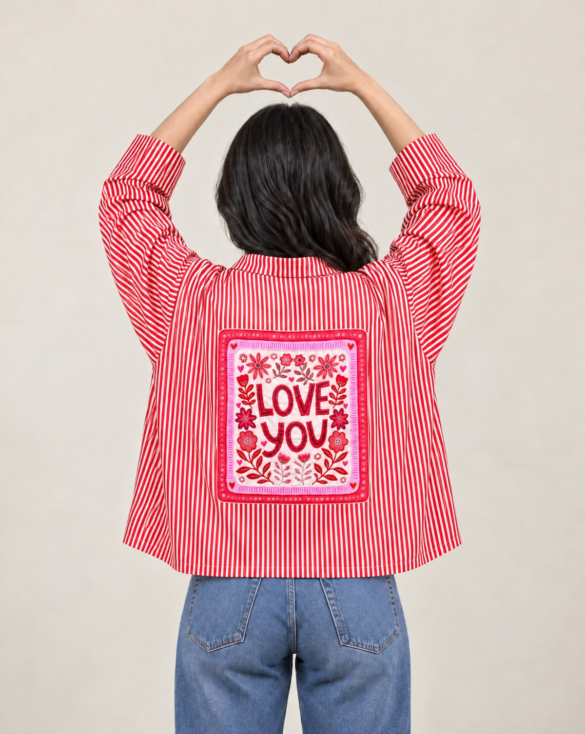 Women Love You Patchwork Oversized Cotton Shirt