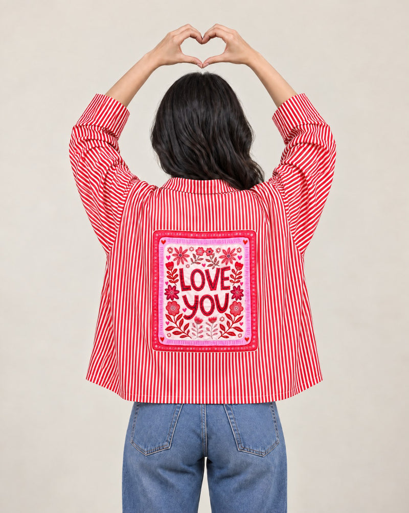 Women Love You Patchwork Oversized Cotton Shirt