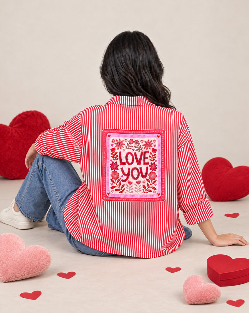 Women Love You Patchwork Oversized Cotton Shirt