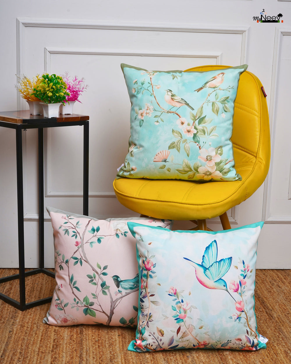 Set Of 3 Digital Printed Leaf Design Cushion Cover