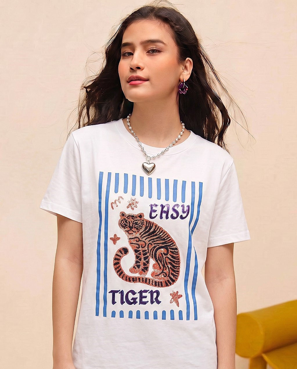 Women Easy Tiger Hand-Embellished Cotton T-Shirt