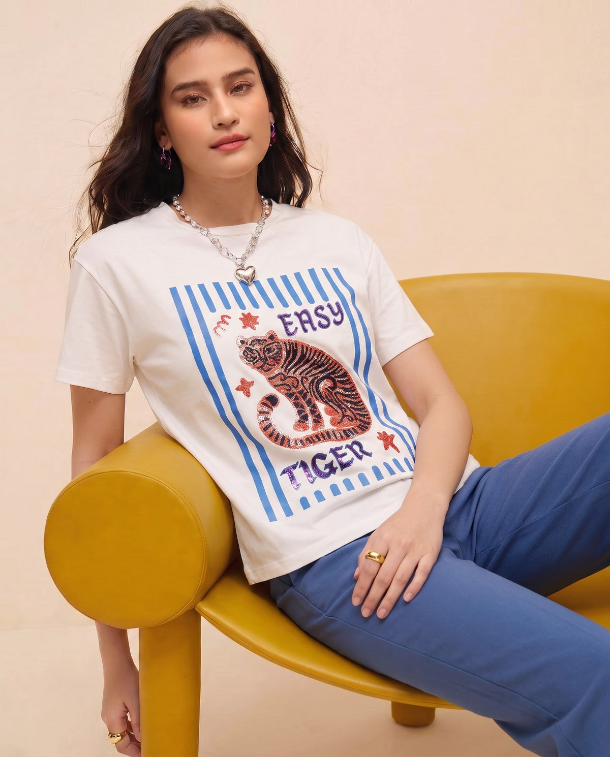 Women Easy Tiger Hand-Embellished Cotton T-Shirt