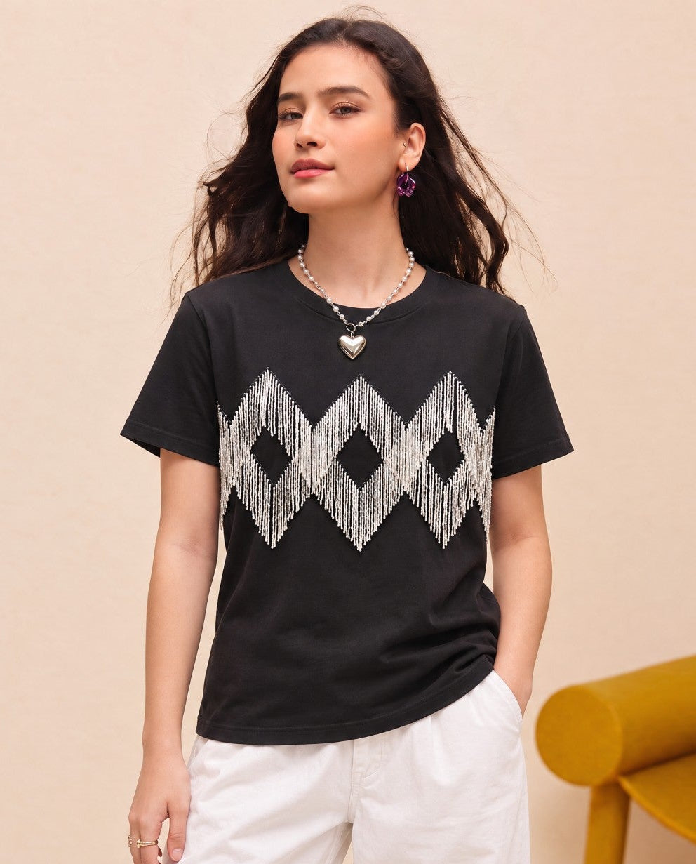 Crystal Embellished Cotton Regular T-shirt