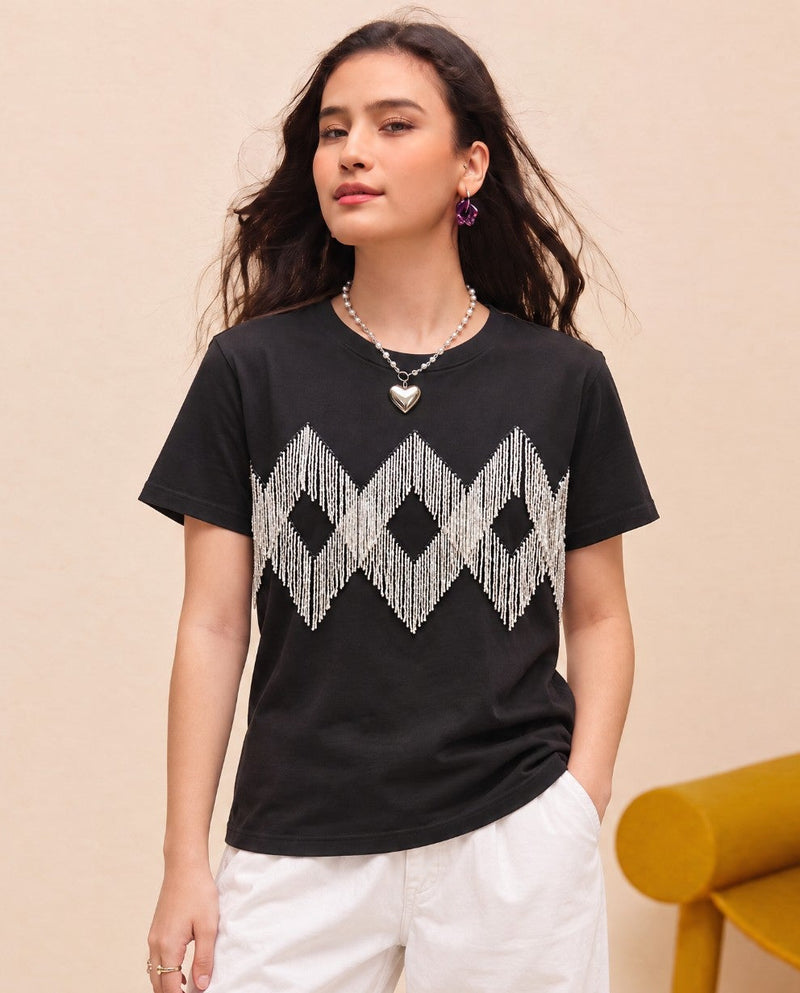 Crystal Embellished Cotton Regular T-shirt