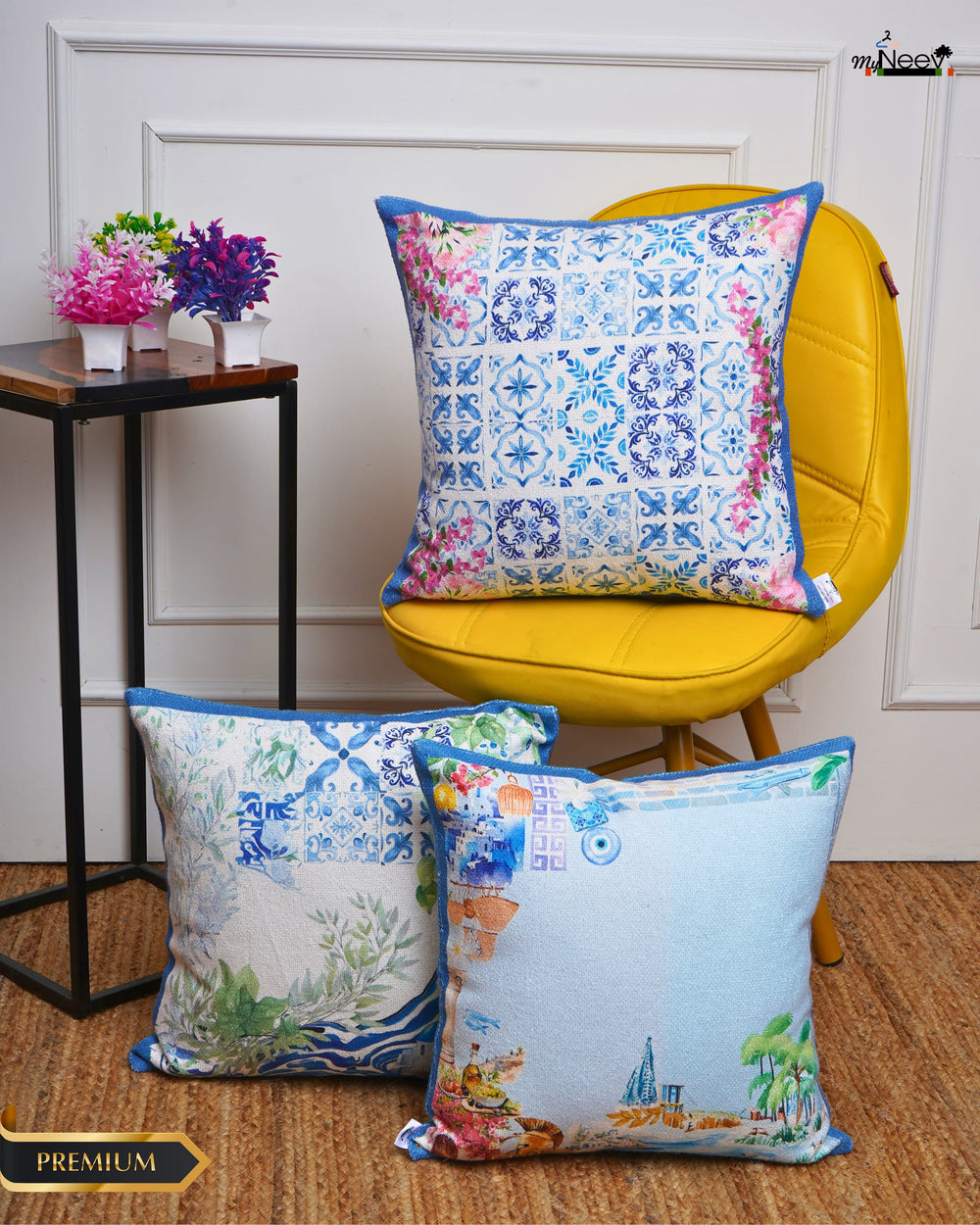 Set Of 3 Digital Printed & Embroidered Canvas Cushion Cover