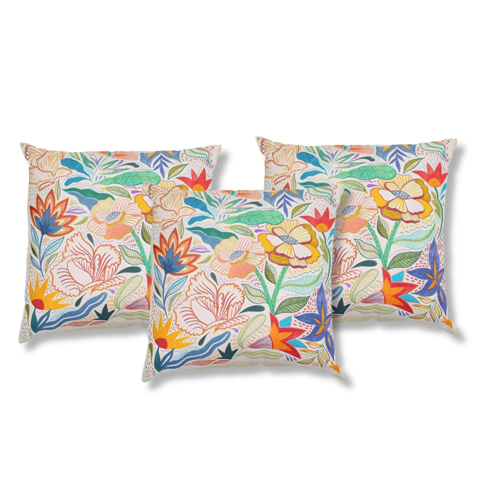 Set Of 3 Digital Printed English Floral Canvas Cushion Cover