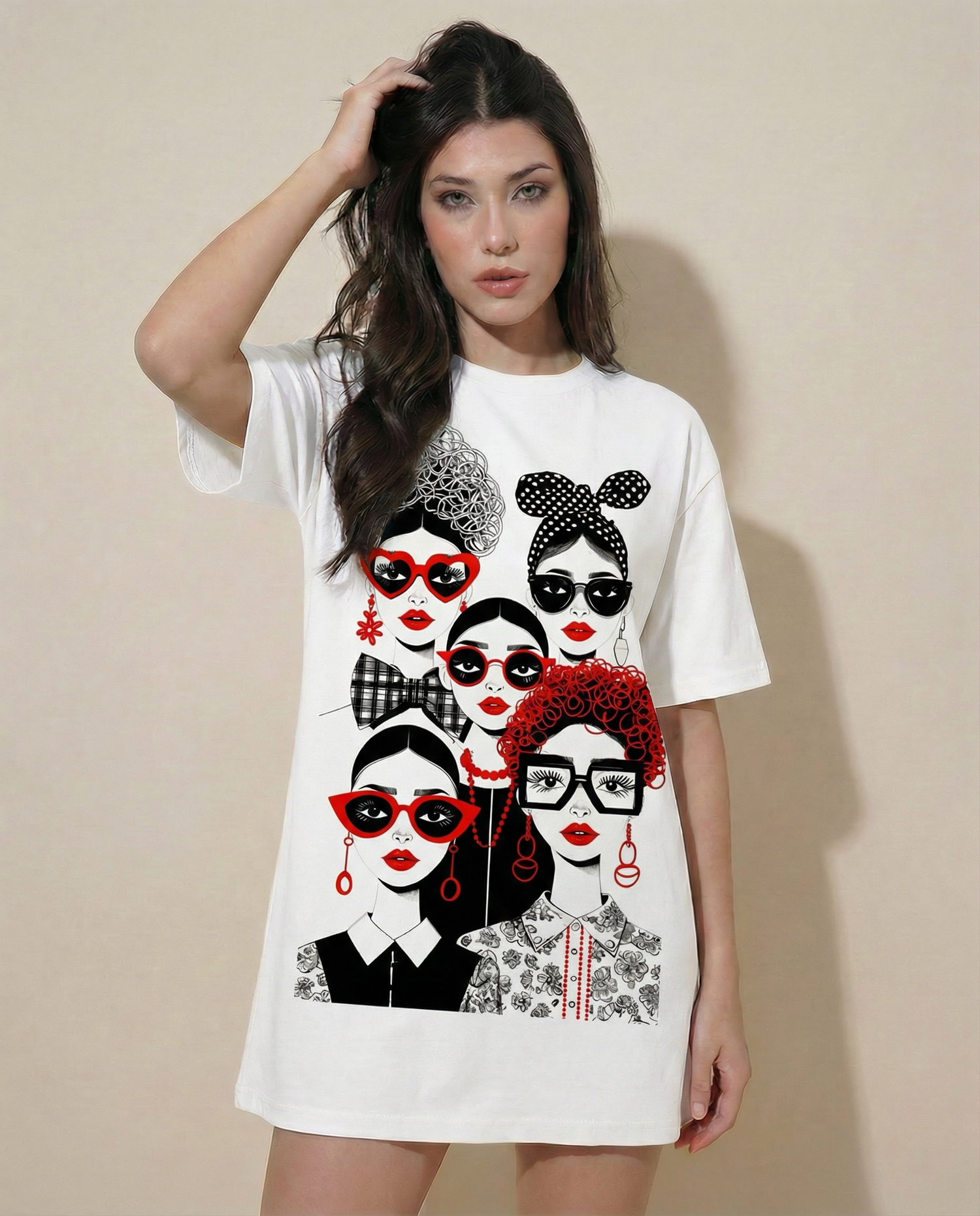 Woman Canvas Faces Printed Cotton T-shirt