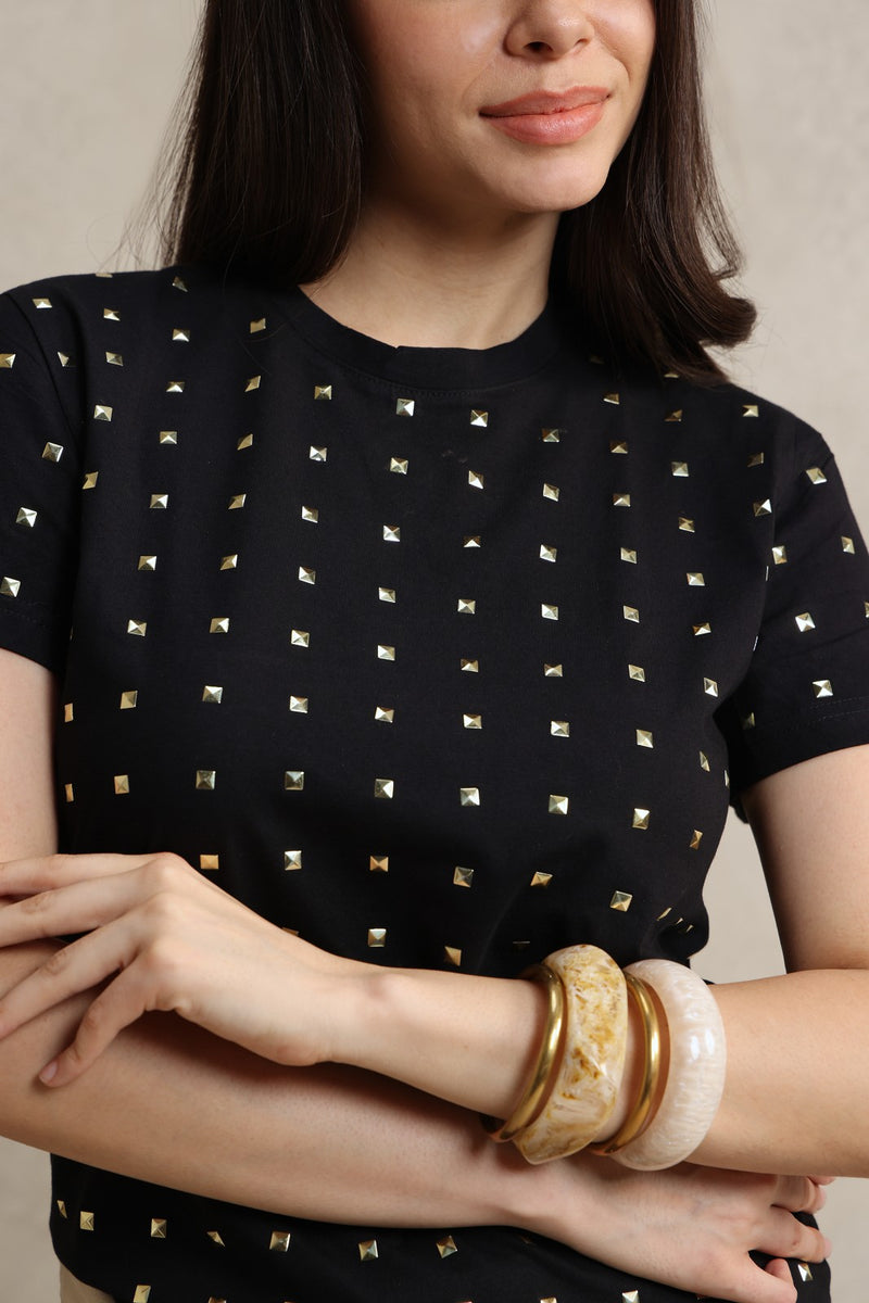 Crystal Embellished Round Neck Cotton Regular T-shirt