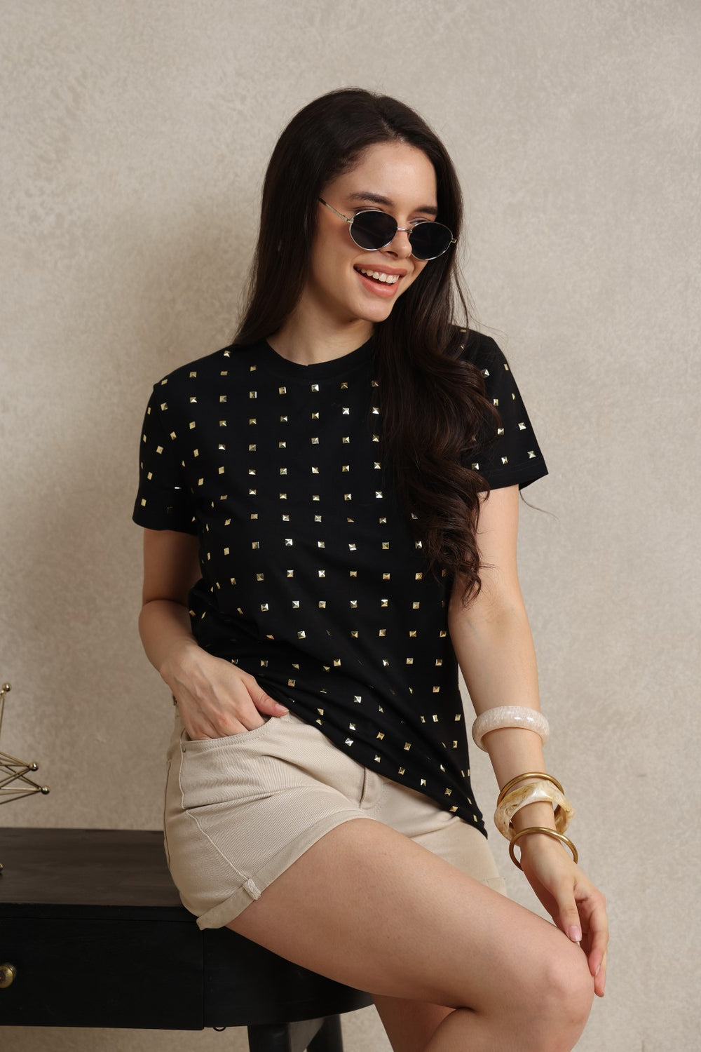 Crystal Embellished Round Neck Cotton Regular T-shirt