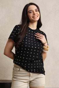 Crystal Embellished Round Neck Cotton Regular T-shirt