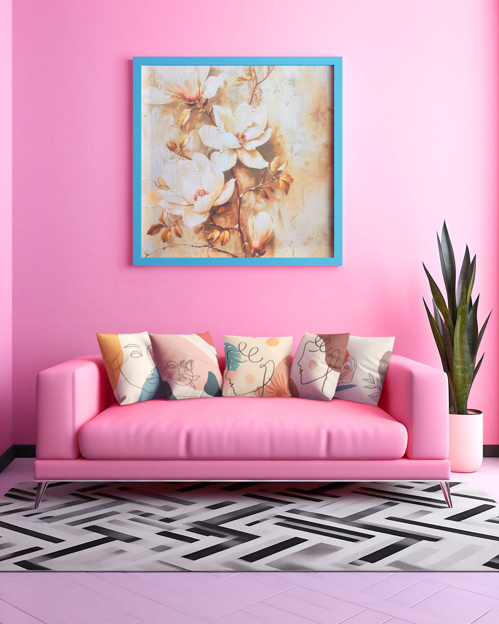 Set Of 5 Natural Color Digital Printed Abstract Face Canvas Cushion Cover