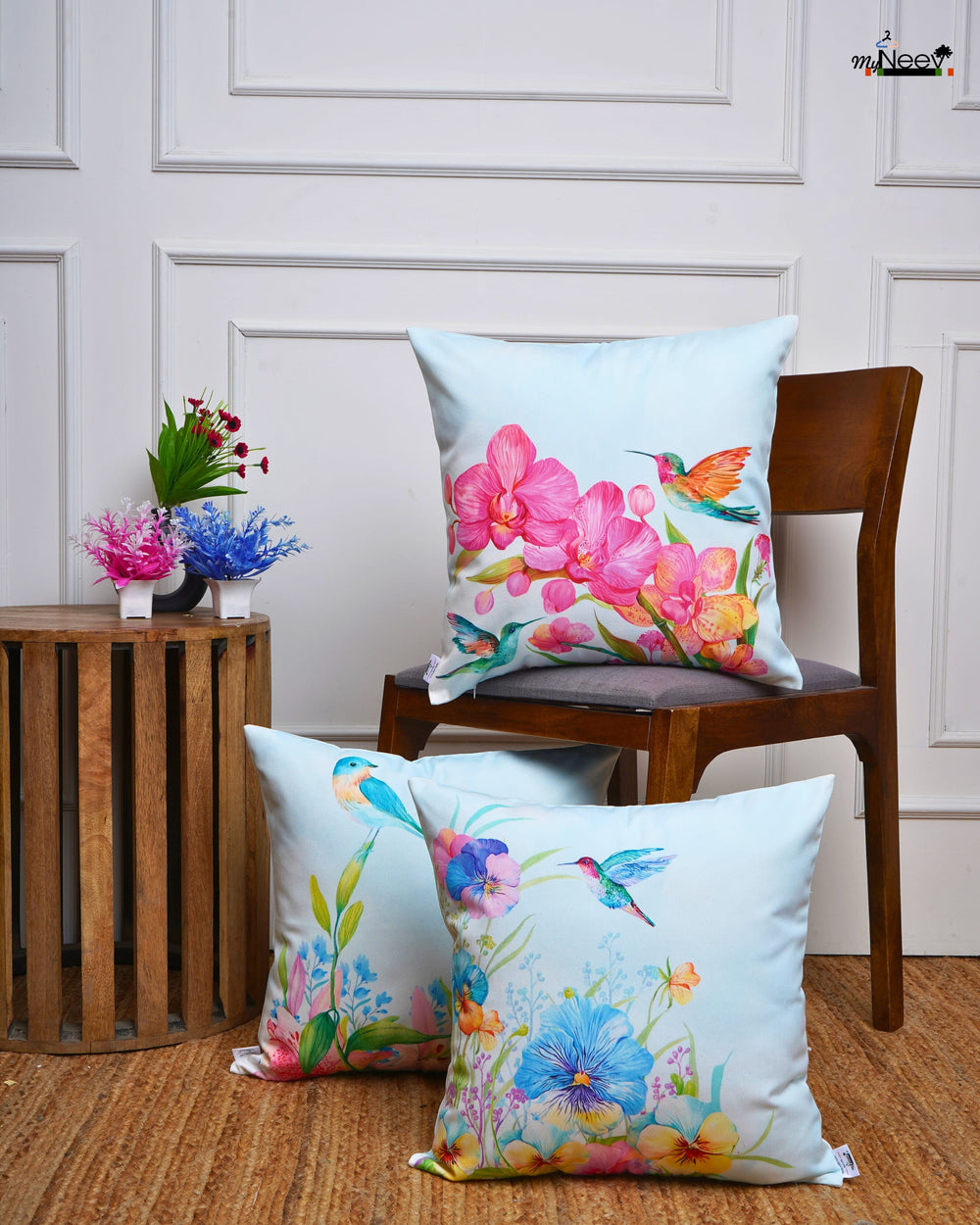 Set Of 3 Digital Printed Flower Canvas Cushion Cover