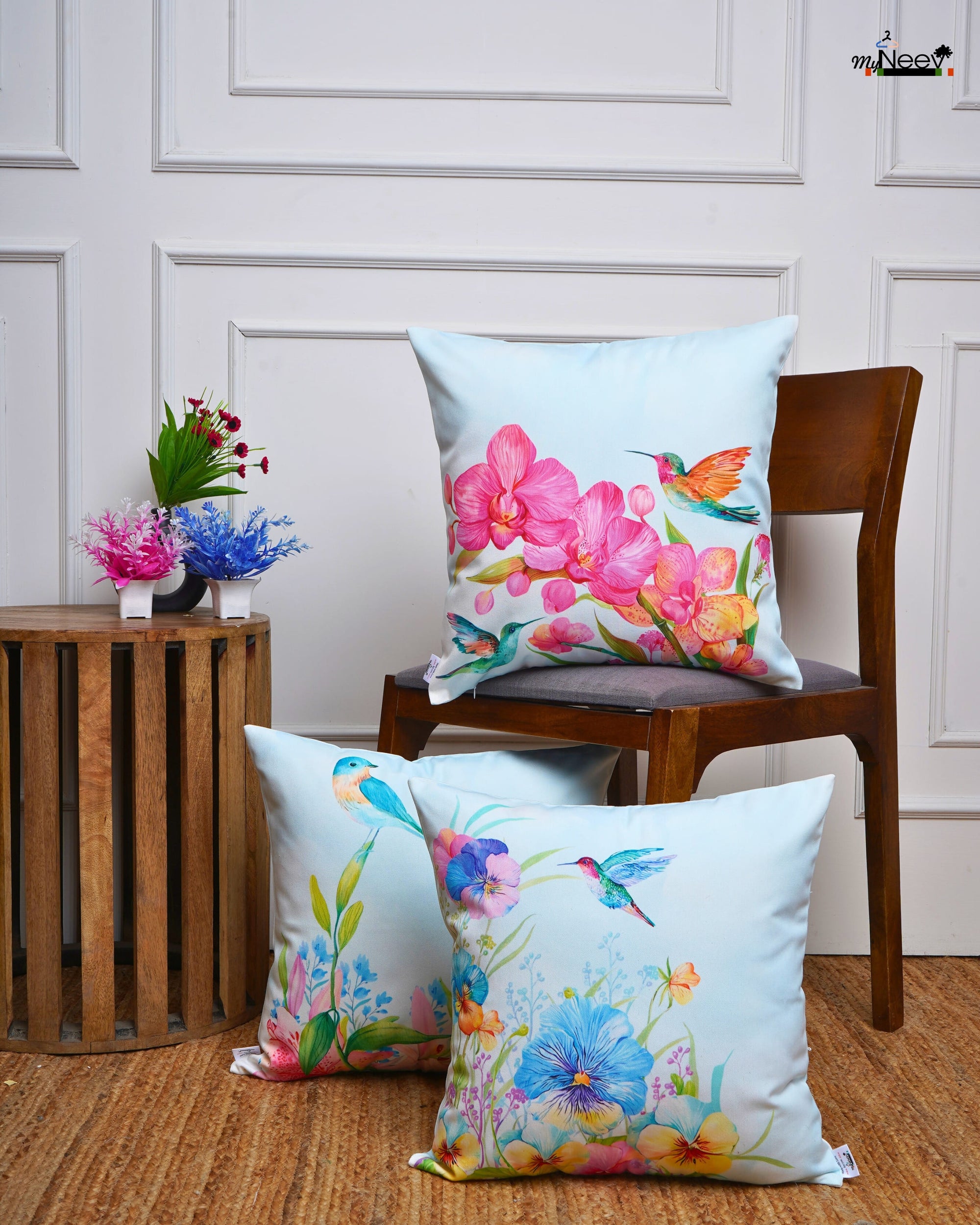 Set Of 3 Digital Printed Flower Canvas Cushion Cover