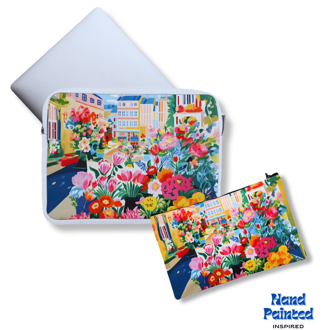 ''Hand Printed'' Floral Canvas Laptop Sleeve With Pouch