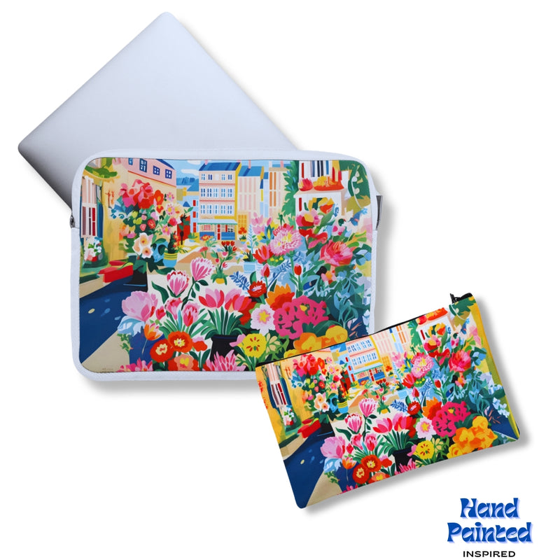 ''Hand Printed'' Floral Canvas Laptop Sleeve With Pouch