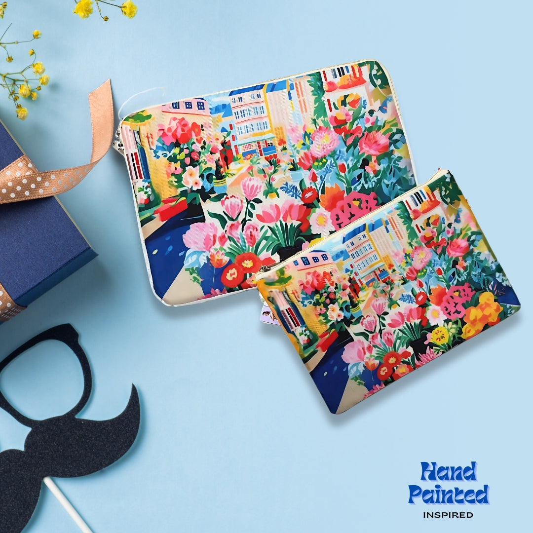 ''Hand Printed'' Floral Canvas Laptop Sleeve With Pouch