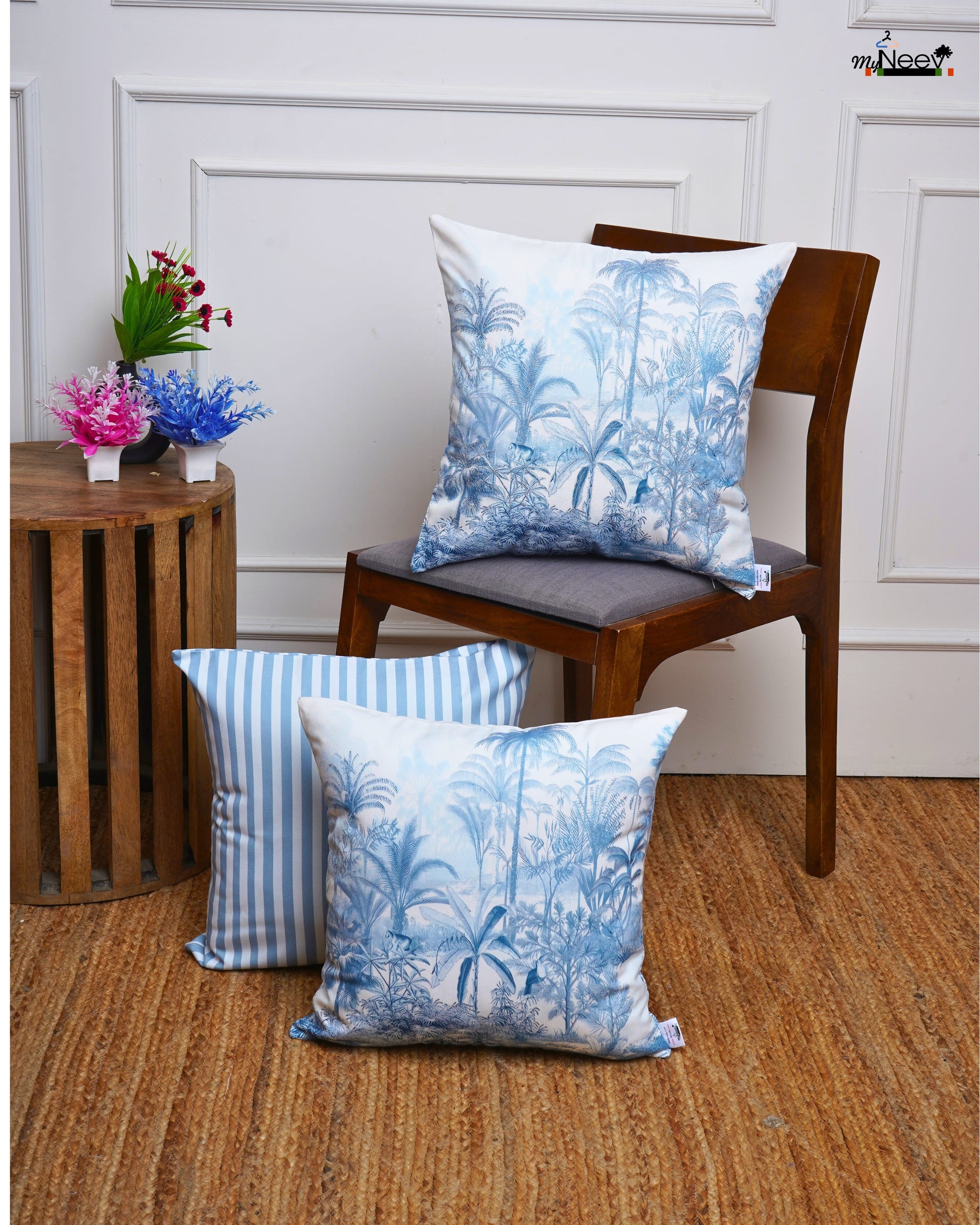 Set Of 3 Digital Printed Embroidered Palm Tree Cushion Cover