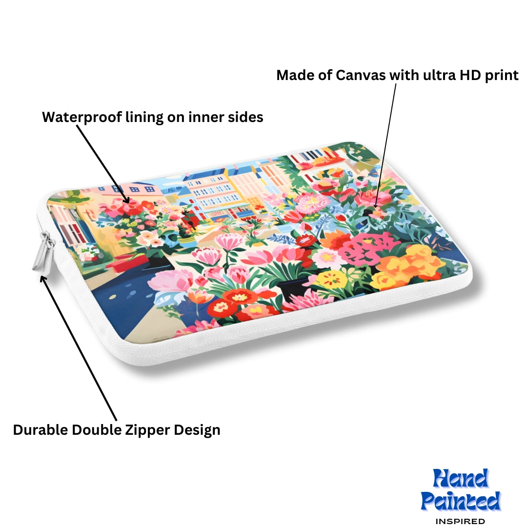 ''Hand Printed'' Floral Canvas Laptop Sleeve With Pouch