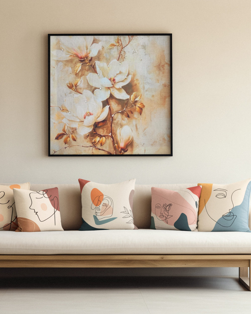Set Of 5 Natural Color Digital Printed Abstract Face Canvas Cushion Cover