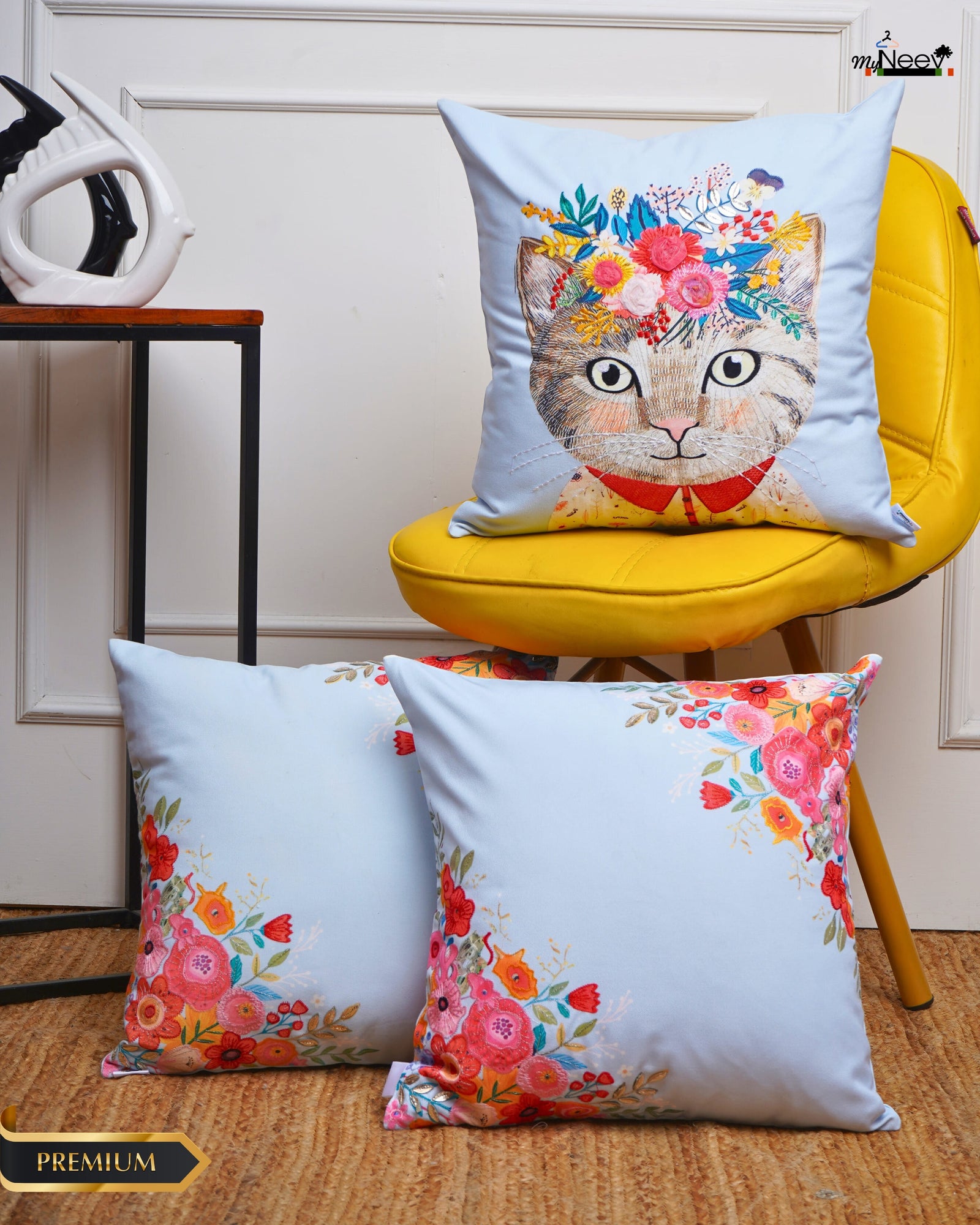 Set Of 3 Digital Printed & Embroidered Cushion Cover