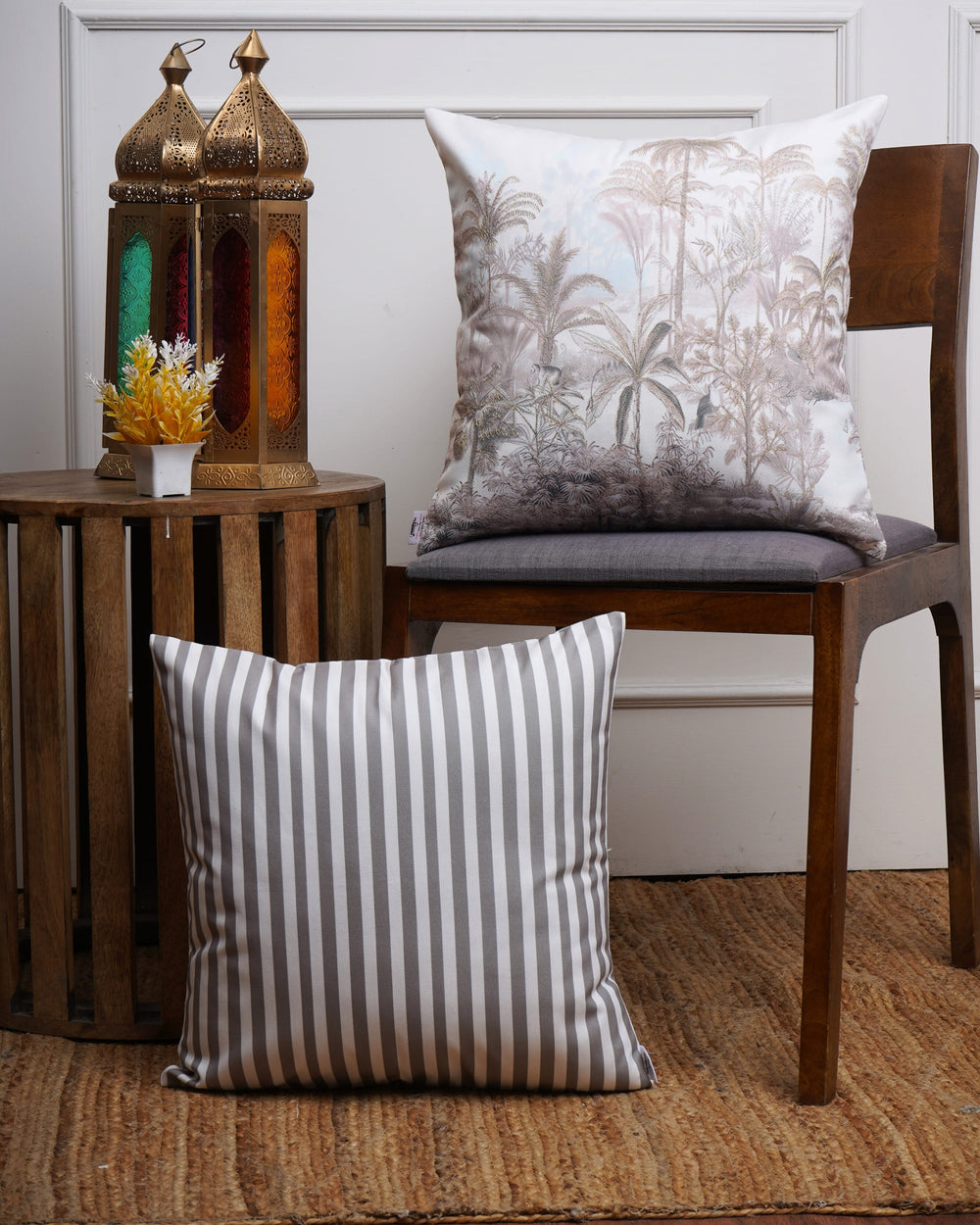 Set Of 3 Digital Printed & Embroidered Palm Tree Cushion Cover