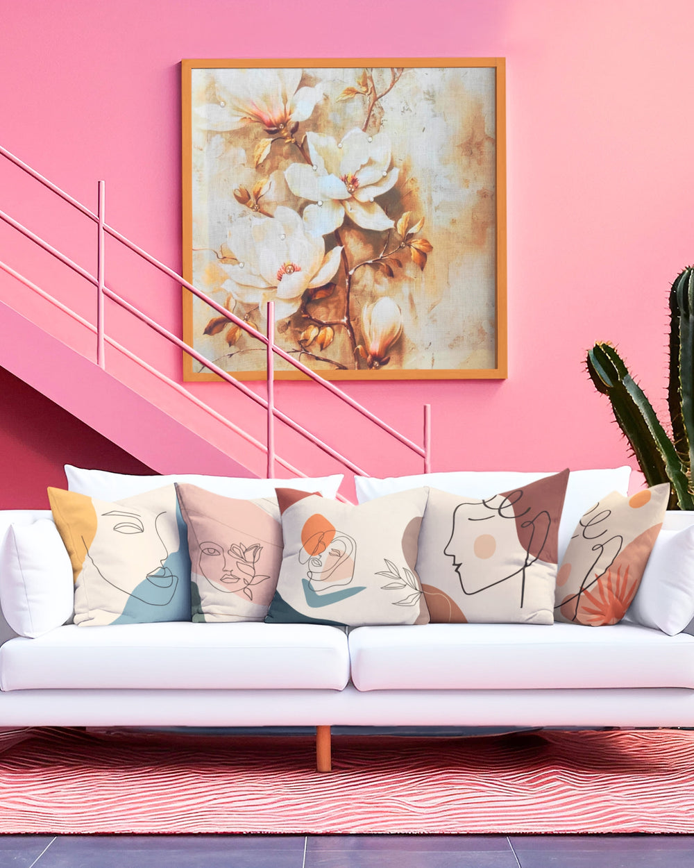 Set Of 5 Natural Color Digital Printed Abstract Face Canvas Cushion Cover