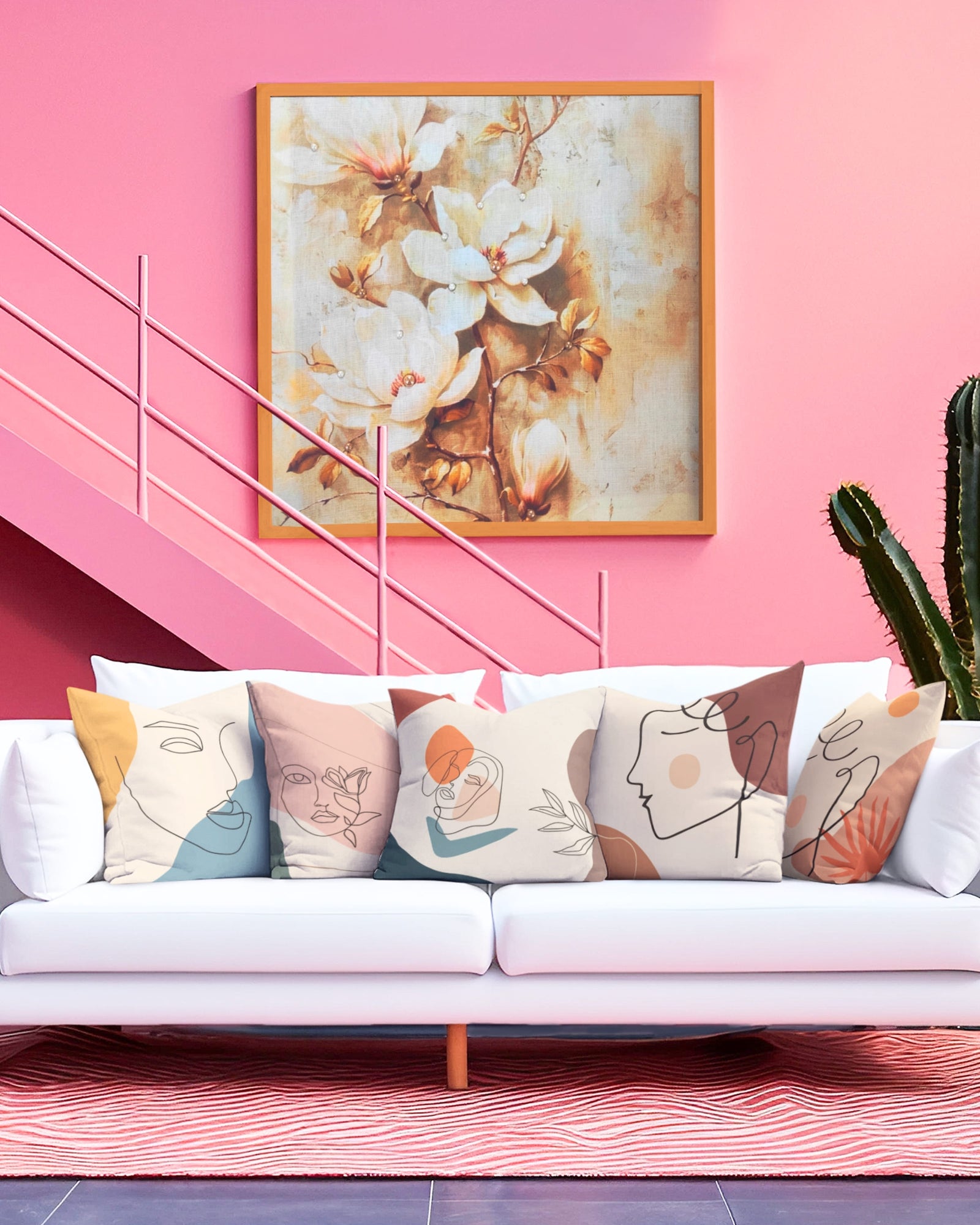 Set Of 5 Natural Color Digital Printed Abstract Face Canvas Cushion Cover
