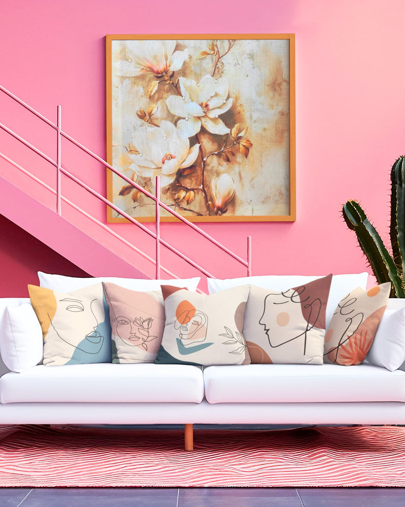 Set Of 5 Natural Color Digital Printed Abstract Face Canvas Cushion Cover