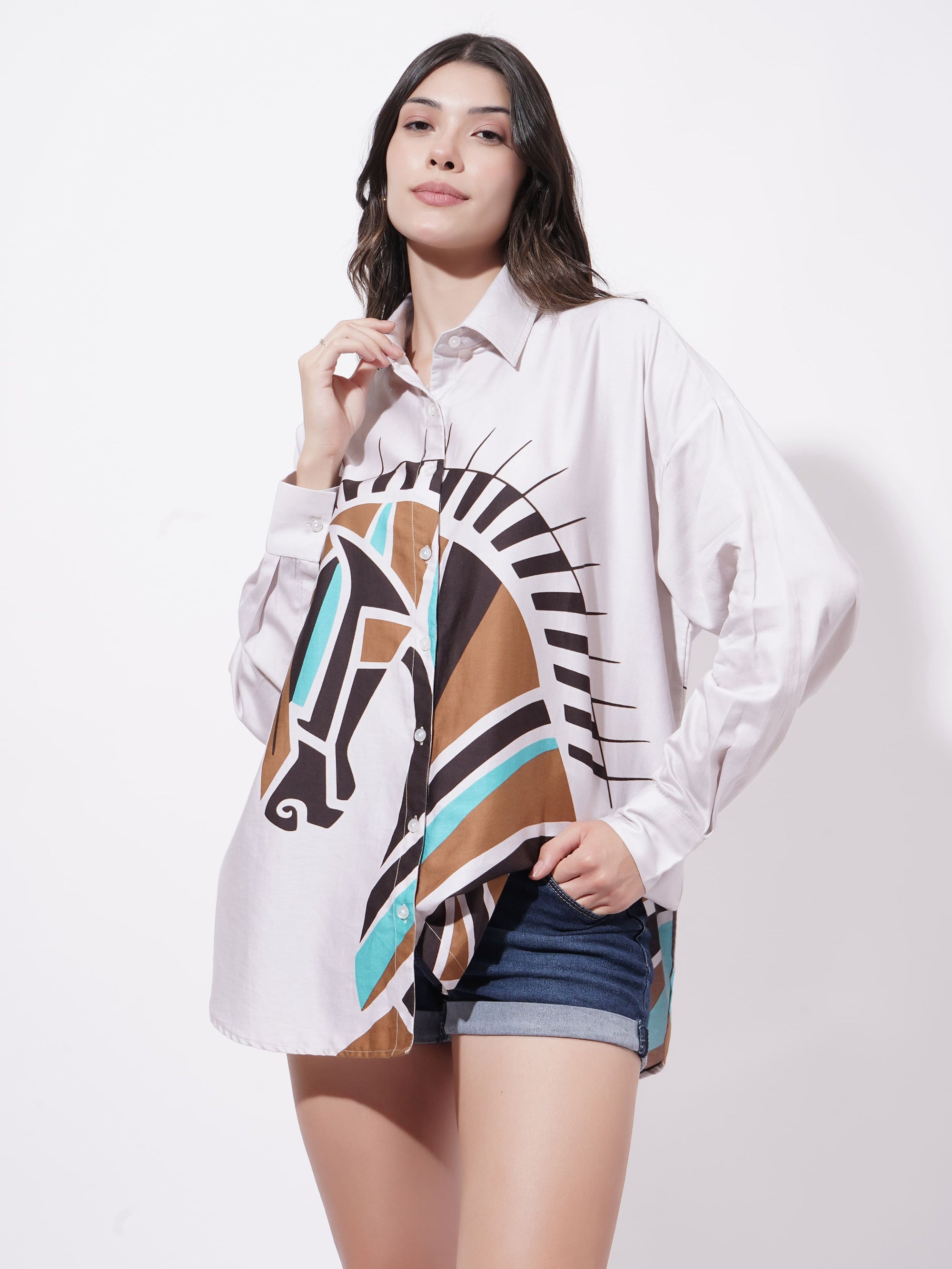 Woman Digitally Printed Posterique Oversized Cotton Shirt