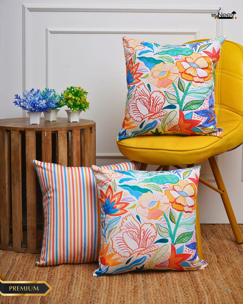 Set Of 3 Digital Printed & Embroidered English Floral Cushion Cover