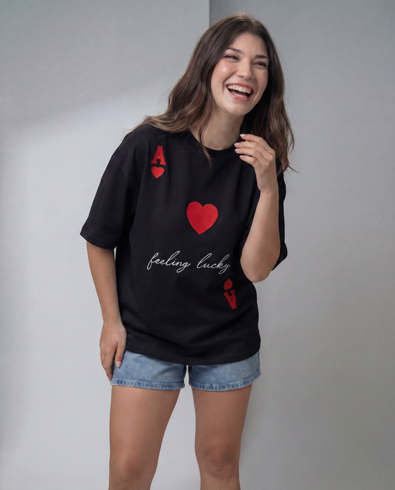 Women Feeling Lucky Black Printed Cotton T-shirt