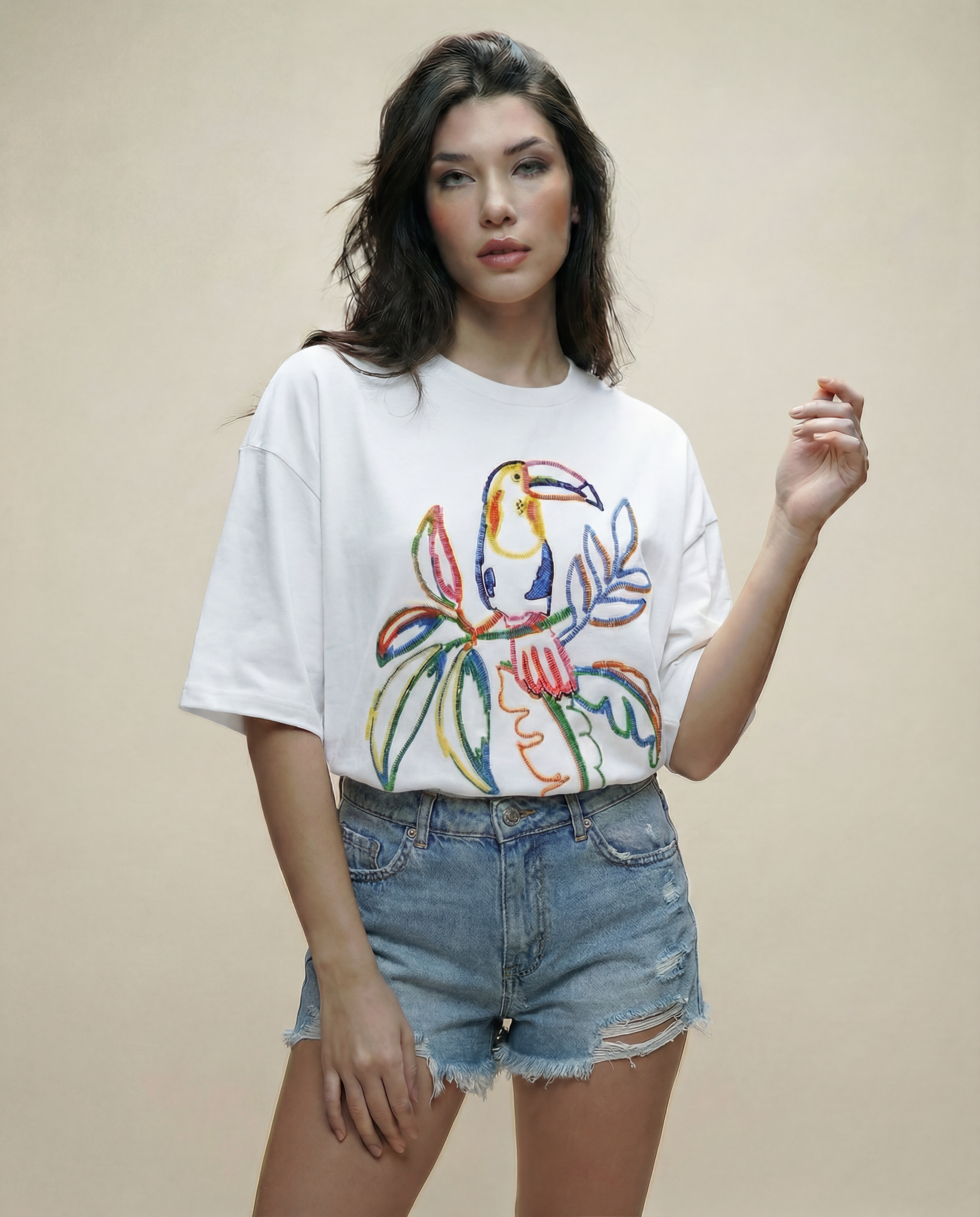 Woman Multi Color Bird Printed Cotton T-shirt