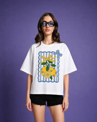 Woman Lemon Ribbon Printed Cotton T-Shirt