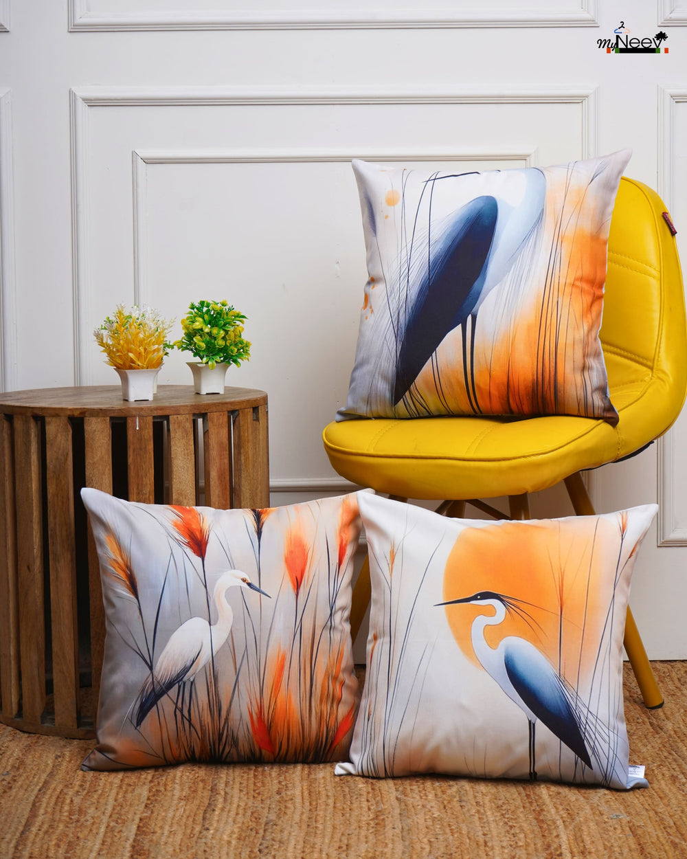 Set Of 3 Digital Printed Flocking Cranes Design Cushion Cover