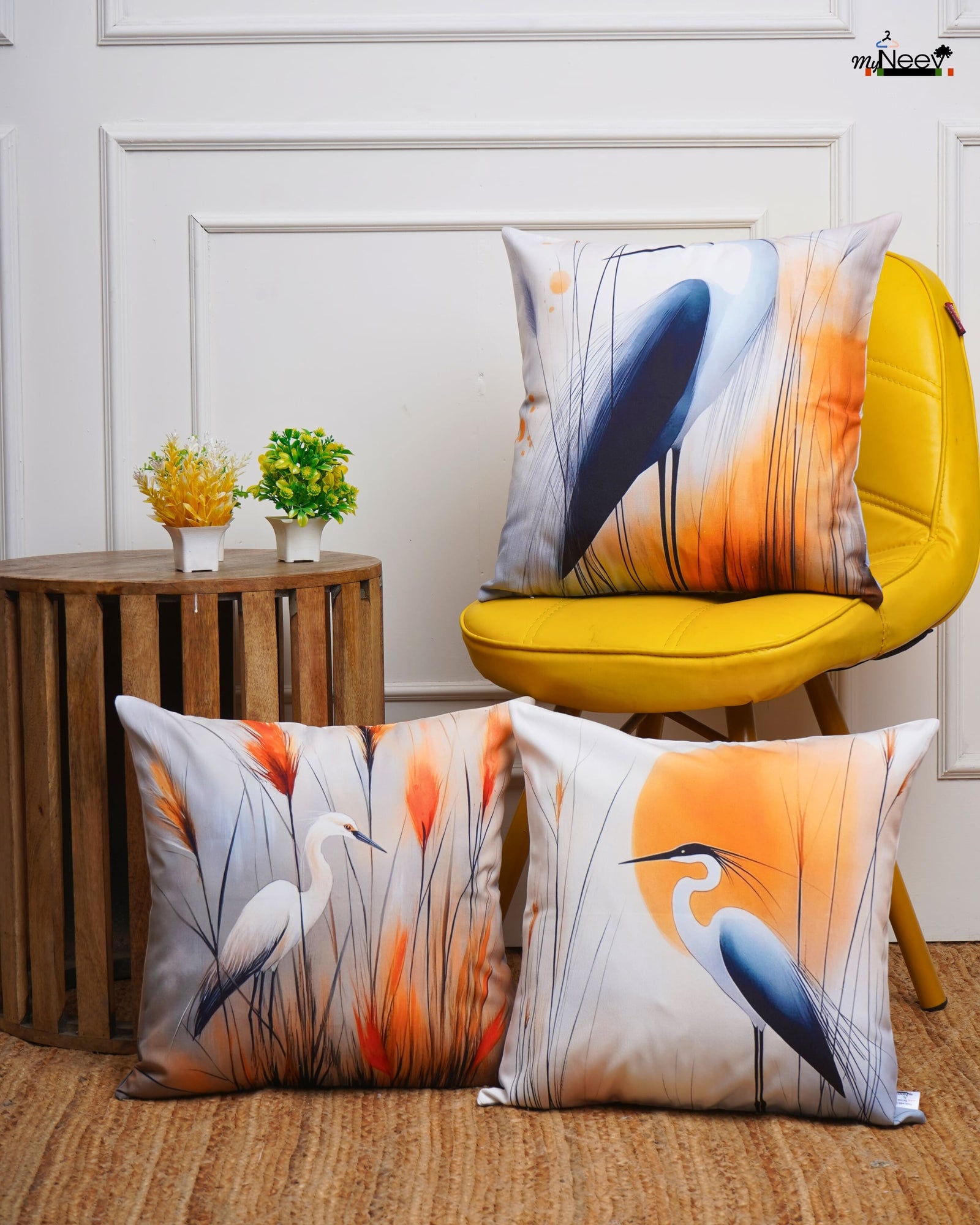 Set Of 3 Digital Printed Flocking Cranes Design Cushion Cover