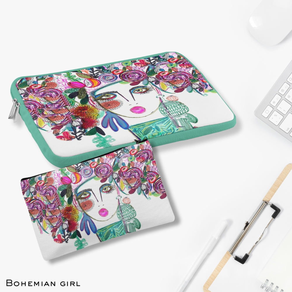 ''Bohemian Girl'' Canvas Laptop Sleeve With Pouch