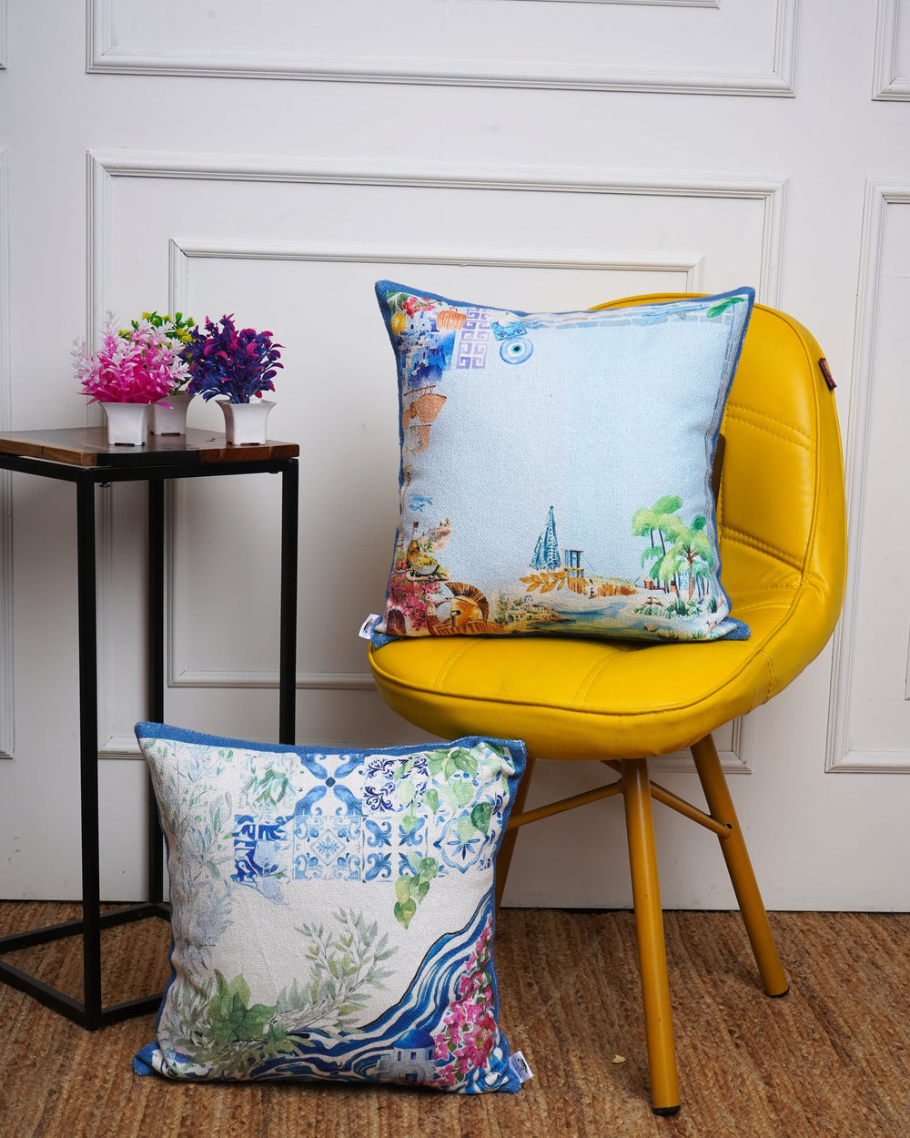 Set Of 3 Digital Printed & Embroidered Canvas Cushion Cover